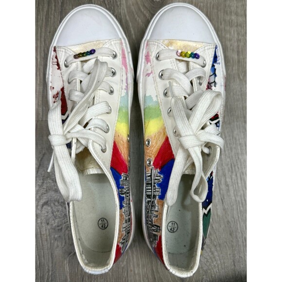 Rainbow White Canvas Custom Sneakers Women 11 Men 9.5 NYC Marvel Statement Shoes - Picture 12 of 12